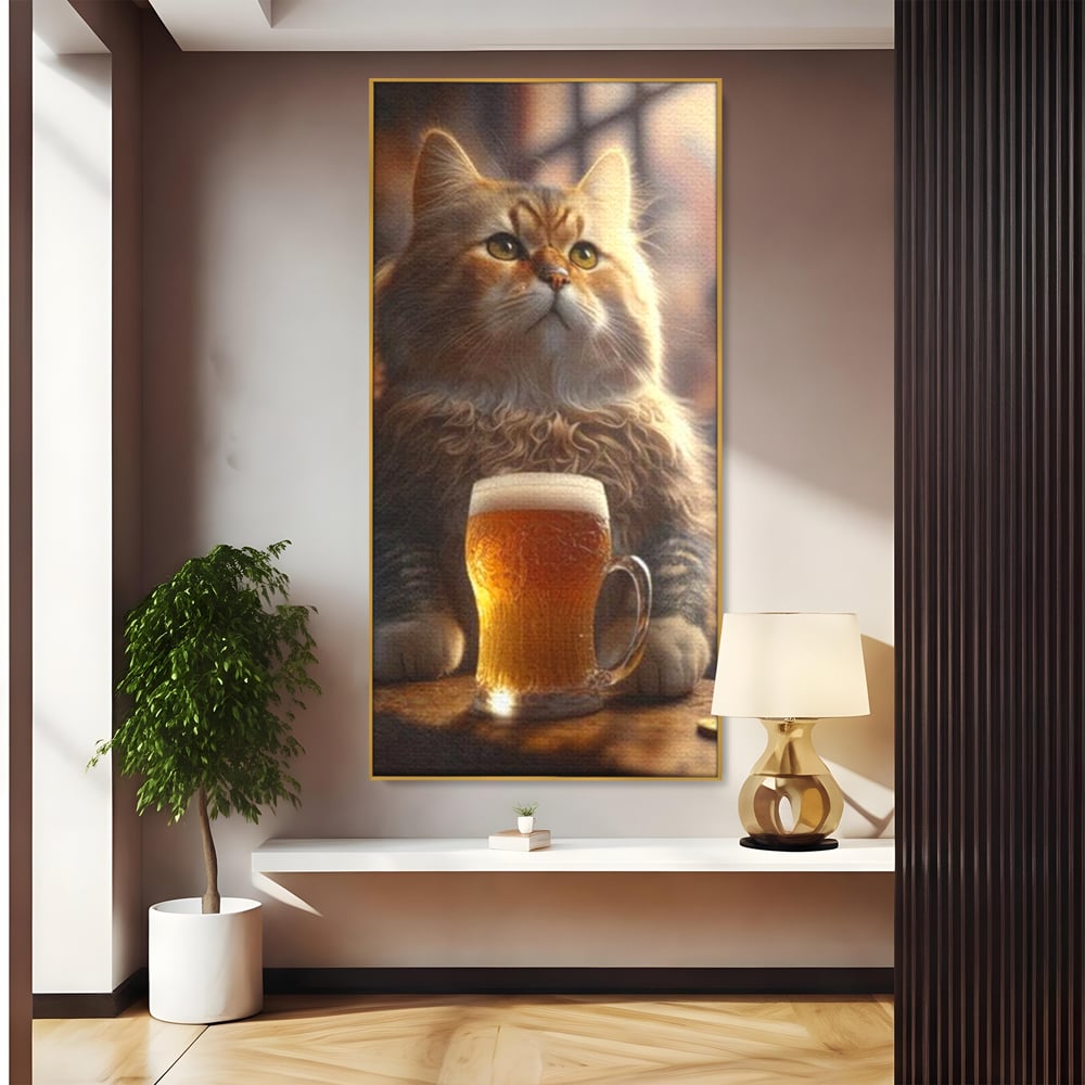 Tablou canvas cu tablou canvas cu motan pufos si halba de bere, in rama de aluminiu auriu